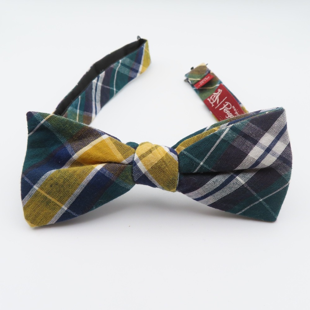 Penquin Bow Tie Cotton Blue Yellow Green Plaid 2.25" Wide Pre Tied